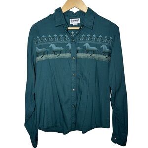 Banjo Dallas Texas Button Up Shirt Women Large Western Horse Long Sleeve Cowgirl
